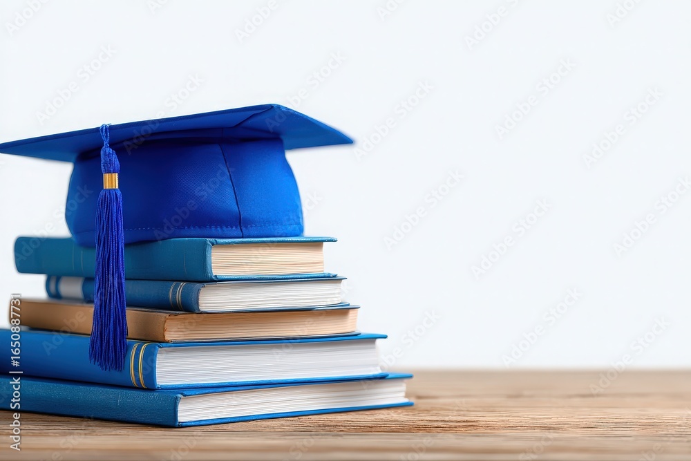 A bright blue graduation cap sits on top of a stack of assorted books. The setting is minimalistic, emphasizing the cap and books against a light background, symbolizing education and achievement.