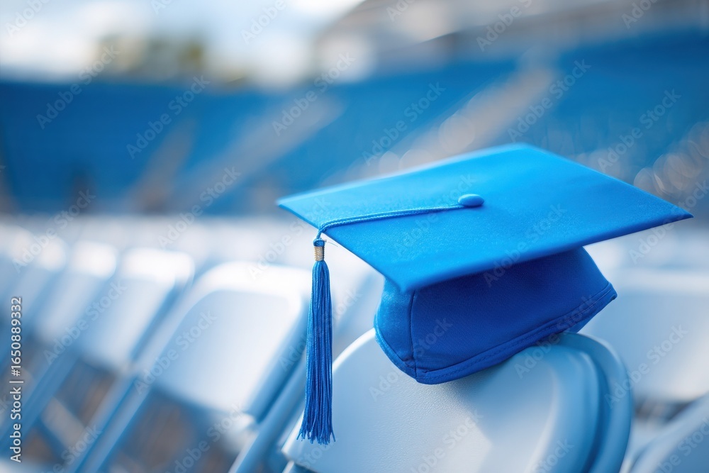 A bright blue graduation cap with a tassel sits on a blue chair in a stadium. The scene suggests an upcoming graduation ceremony, creating anticipation in the empty space.