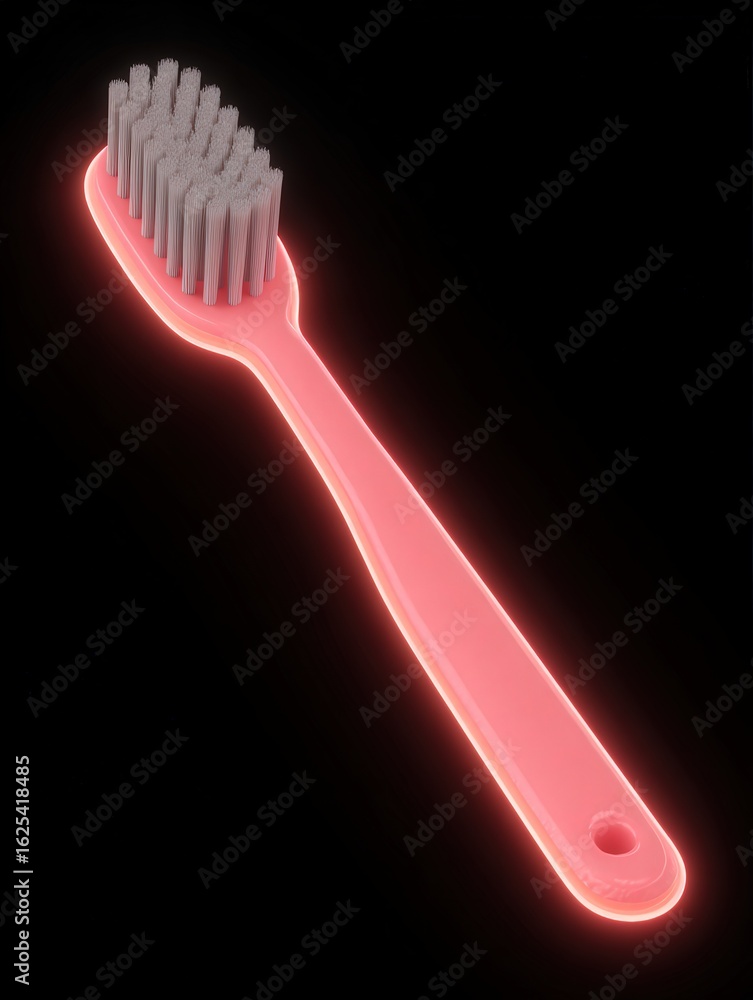 A bright pink toothbrush stands out against a black background, featuring glowing edges. The bristles are arranged for effective cleaning, highlighting its vibrant design.