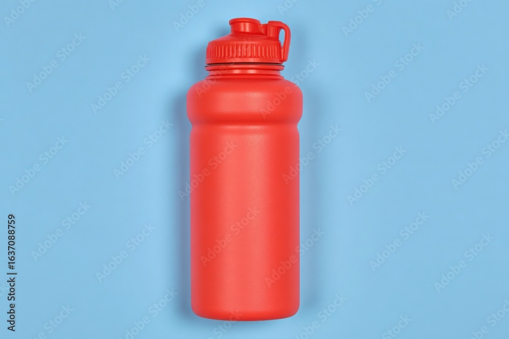 A bright red water bottle is centered on a light blue background, showcasing its smooth design and durable material, ideal for hiking, sports, and everyday hydration.