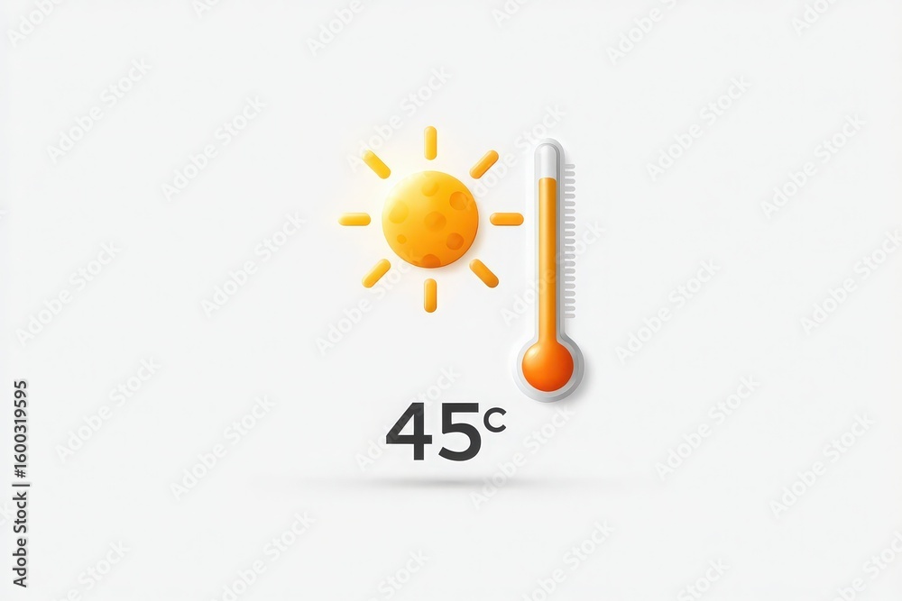 A bright sun is shown together with a thermometer indicating a temperature of 45 degrees Celsius. The overall design conveys a sense of extreme heat, typical for a summer day.