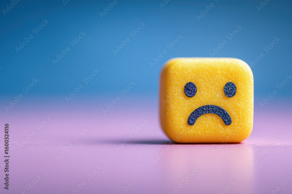 A bright yellow square emoticon featuring a sad face is placed against a soft blue and pink background. The design captures a mood of melancholy in a playful manner.