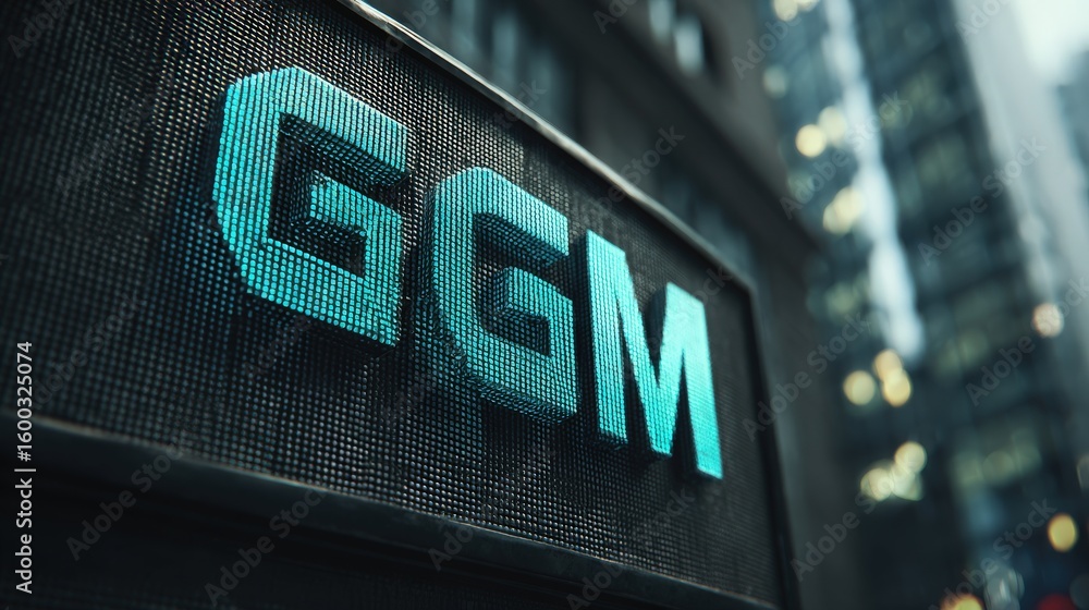 A brightly lit sign displays the letters GGM against a backdrop of tall city buildings during twilight. The urban setting is alive with reflections and ambient lighting.