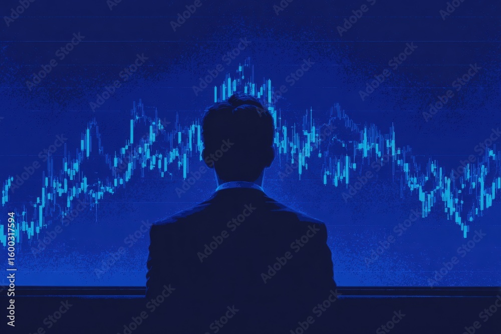 A business professional sits in a suit, focused on analyzing stock market trends displayed on a screen. The dimly lit office creates a contemplative atmosphere, highlighting digital graphs.
