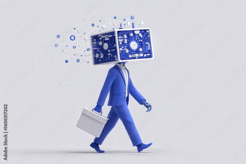A businessman dressed in a blue suit walks with a briefcase in hand. His head is replaced by a digital screen displaying circuit patterns, symbolizing technology and innovation.