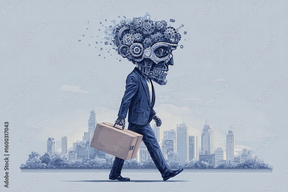 A businessman dressed in a suit strolls through a modern city, holding a briefcase. His head is replaced by a mechanical skull filled with gears, symbolizing a fusion of technology and humanity.
