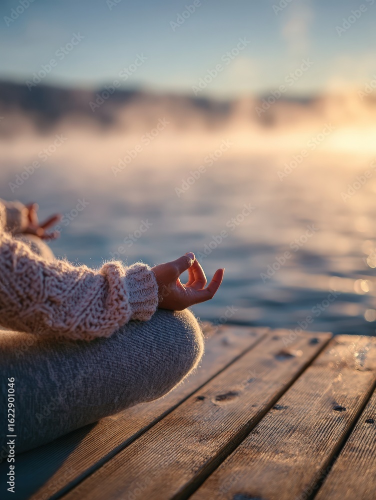 A calm individual sits cross-legged on a wooden deck by a tranquil body of water at sunrise, practicing meditation with focused fingers. Soft steam rises in the peaceful morning light.