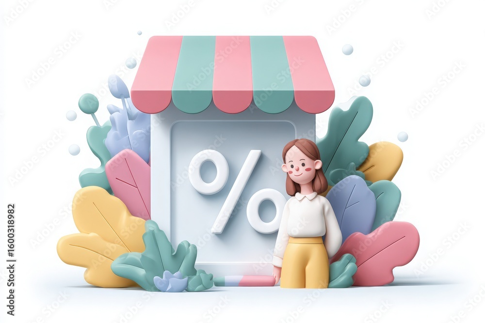 A character stands next to a large discount sign in a vibrant, stylized environment filled with plants and pastel colors. This scene captures the essence of a cheerful promotional atmosphere.