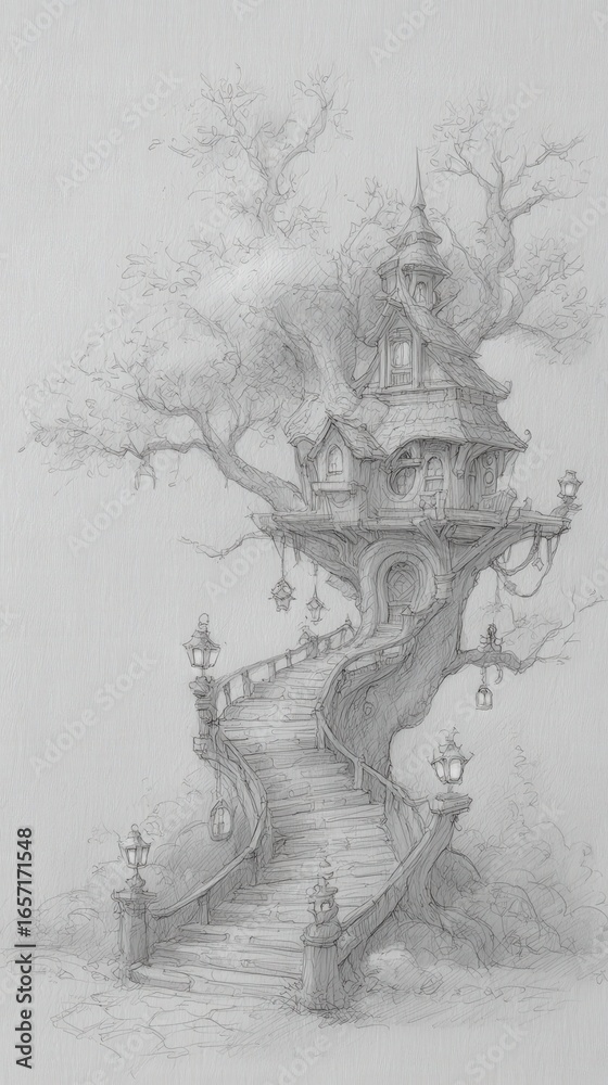 A charming treehouse with whimsical architecture emerges from a large tree, featuring winding wooden stairs and glowing lanterns. The serene forest atmosphere enhances its magical allure.