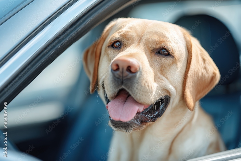 A cheerful Labrador retriever sits in a car, poking its head out of the window. The dog has a big smile and a relaxed demeanor, making the car ride enjoyable on a bright, sunny day.