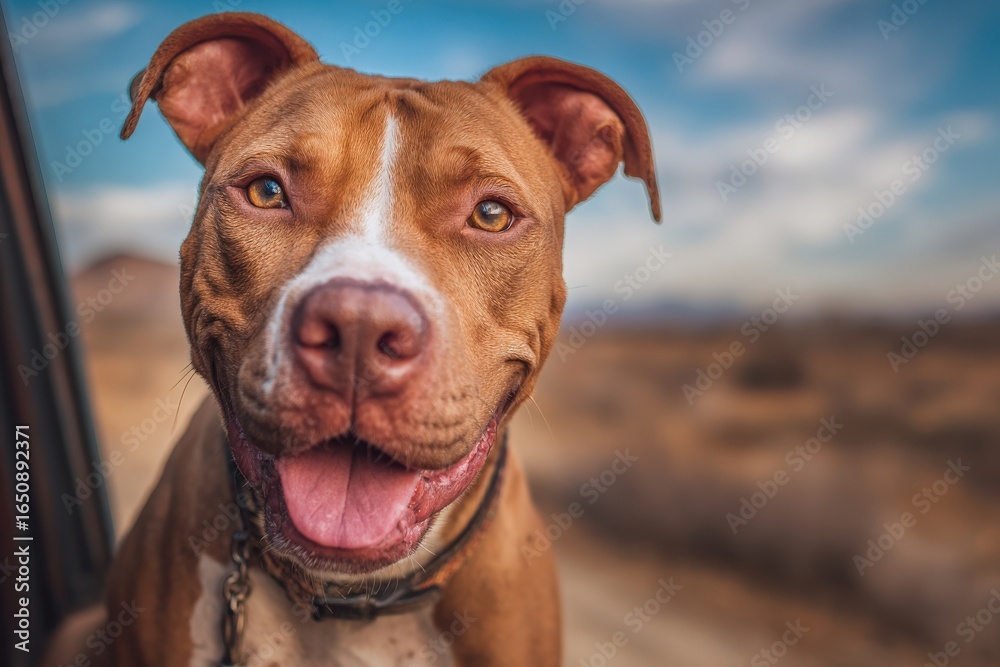 A cheerful brown dog hangs its head out of a car window, enjoying the fresh air and sunlight. The background features a blurred landscape with hills and a clear sky.
