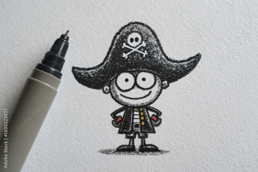 A cheerful cartoon pirate stands confidently with a big smile, wearing a classic pirate hat adorned with a skull and crossbones.