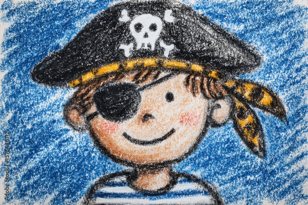 A cheerful child sported a black pirate hat adorned with a skull and crossbones, an eye patch, and a striped shirt. The bright blue background added vibrancy to the playful depiction.