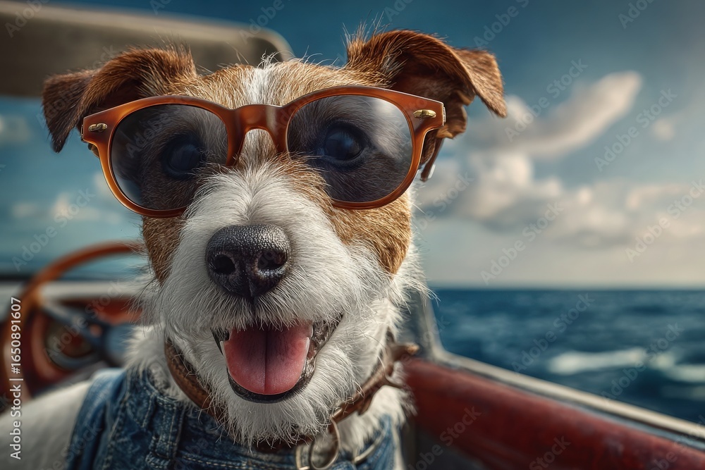 A cheerful dog sporting stylish sunglasses rides on a boat, with the vast blue ocean and a clear sky in the background. The dogs expression radiates joy, capturing a perfect day outdoors.