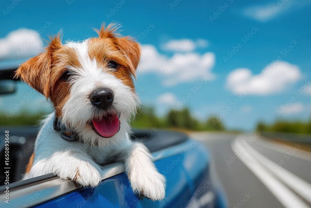 A cheerful dog with a fluffy coat leans out of a blue car window, enjoying the breeze during a sunny road trip. Lush green trees line the highway under a bright blue sky with fluffy clouds.