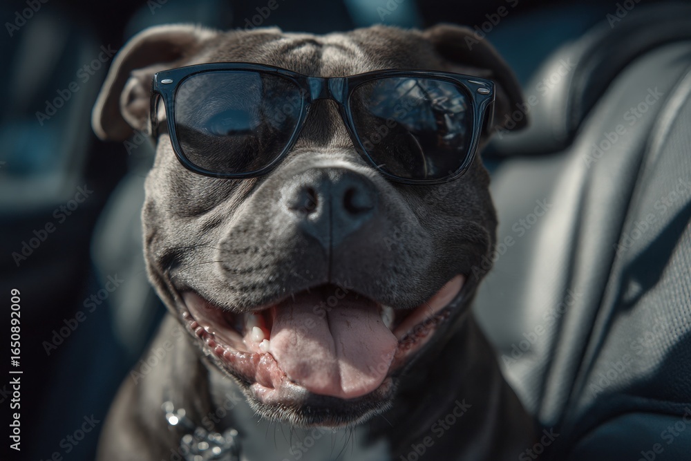 A cheerful dog with a gray coat and sturdy build sits in a car, wearing stylish black sunglasses. Its mouth is open in a wide smile, capturing the joy of a sunny day.