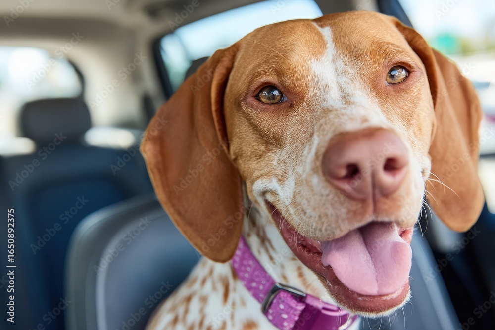 A cheerful dog with a shiny coat and bright eyes sits in the front seat of a car. The dog appears excited, tongue out, enjoying the fresh air while surrounded by a cozy interior.