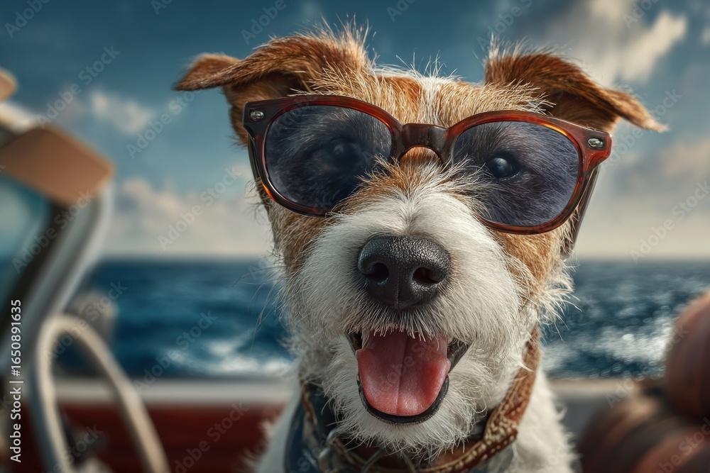 A cheerful dog with brown and white fur wears stylish sunglasses while sitting in a boat. The blue water and bright sky create a lively atmosphere. Its a fun day on the water.
