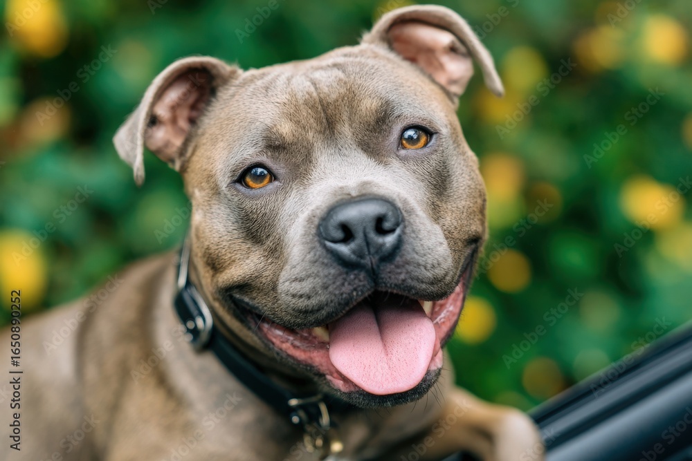 A cheerful pit bull is posing with a big smile, showcasing its playful personality. The dog is in a garden filled with lush greenery and colorful flowers, creating a joyful atmosphere.