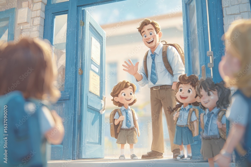 A cheerful teacher stands at the school entrance, greeting excited children who are dressed in school uniforms. The scene captures a sunny day, filled with joy and anticipation for learning.