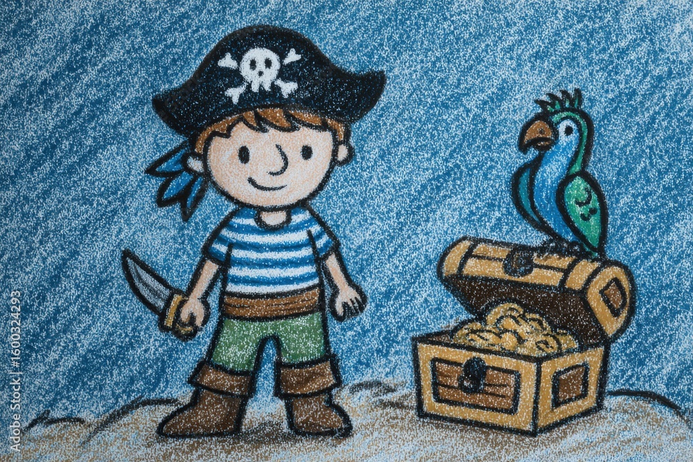 A cheerful young boy dressed as a pirate stands confidently beside a treasure chest overflowing with gold coins. A colorful parrot perches on the chest against a vivid blue backdrop.