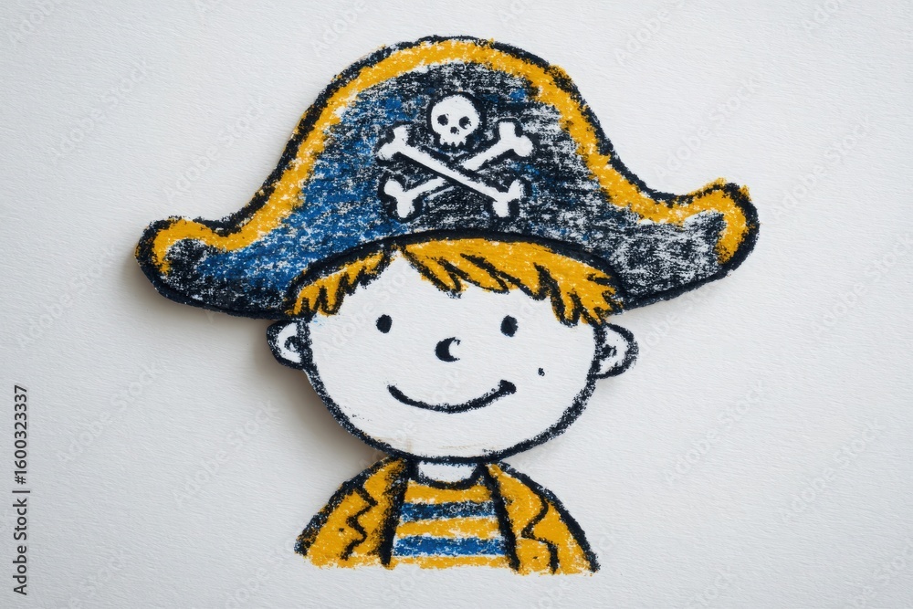 A cheerful young pirate character is depicted wearing a vibrant blue and yellow hat adorned with a skull and crossbones.