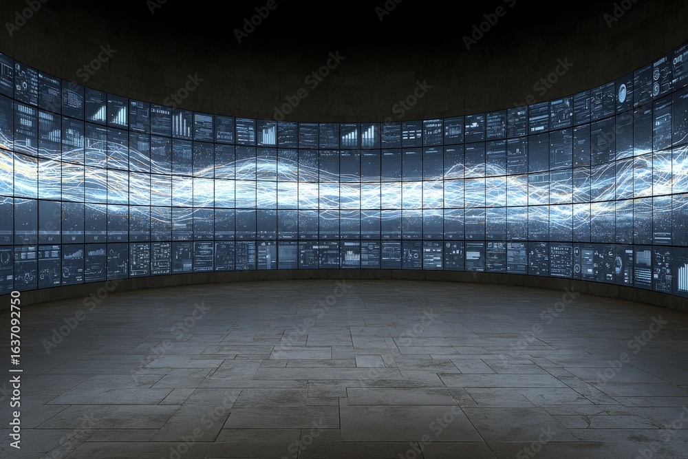 A circular room filled with multiple high-definition screens displays various graphs, charts, and dynamic data streams. The environment appears futuristic and is well-lit, emphasizing the technology.