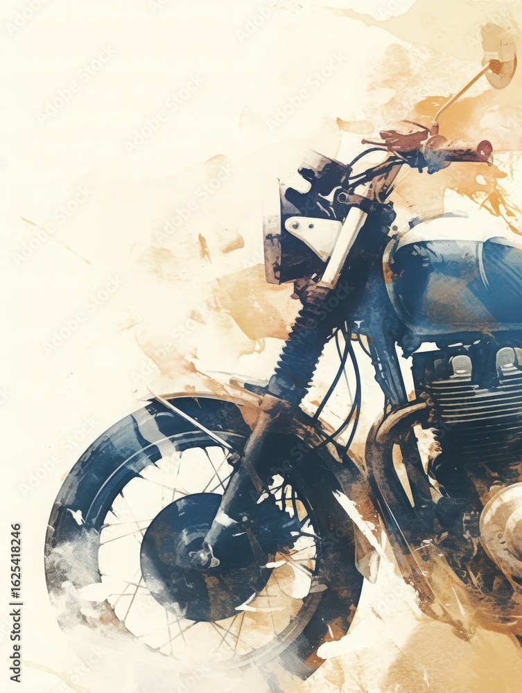 A classic motorcycle is depicted in an artistic watercolor style, featuring warm hues and detailed elements. The bikes design showcases vintage craftsmanship, highlighting its unique features.