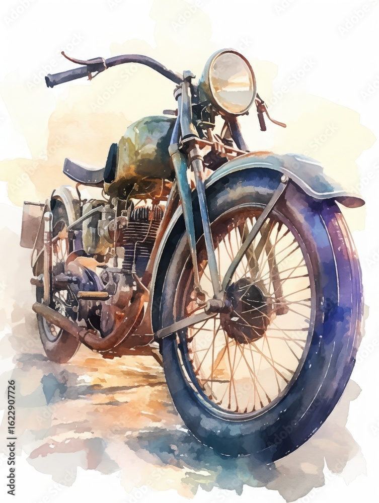 A classic motorcycle stands prominently on a picturesque road as the sun sets, casting warm light. The bike features a vintage design with a rich color palette blending with nature.