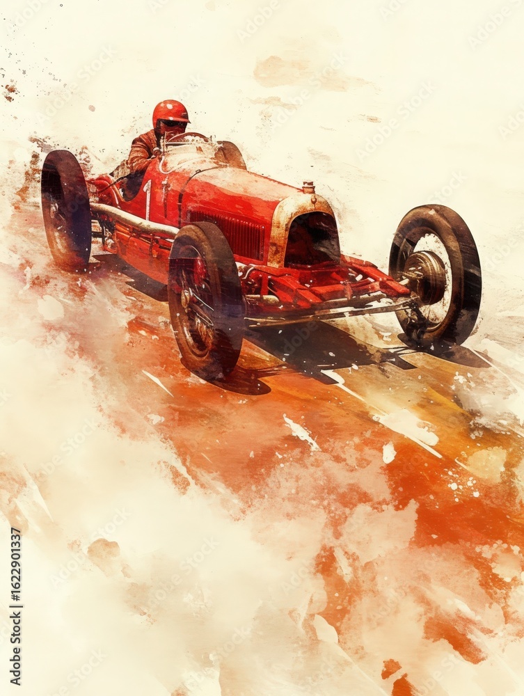 A classic race car zooms along a dusty racing track, kicking up dirt. The driver, wearing a vibrant red helmet, exhibits a fierce focus.