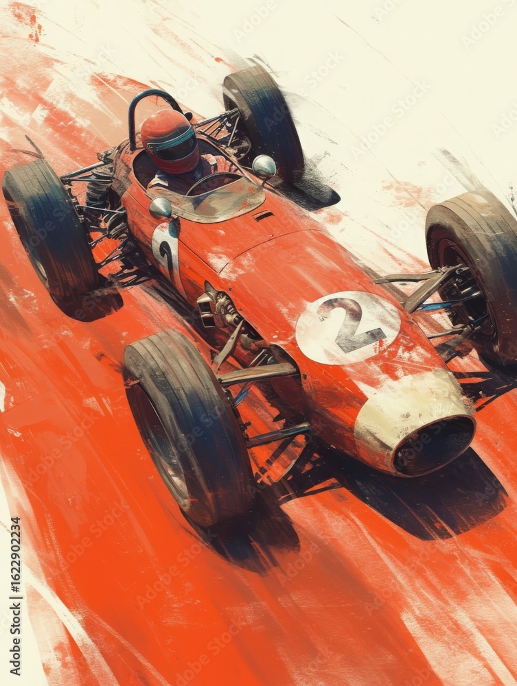 A classic racing car with a red and white design zooms across a vibrant, painted track. The driver, wearing a helmet, is focused on the race, surrounded by splashes of color.