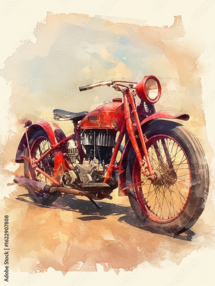 A classic red motorcycle stands prominently in a dusty setting. Its vintage design features intricate details, set against a backdrop of soft, muted clouds and earthy tones.