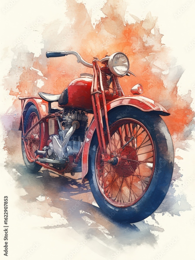 A classic red motorcycle stands prominently, showcasing its intricate design and vintage charm. The background features abstract colors, enhancing the motorcycles striking appearance.