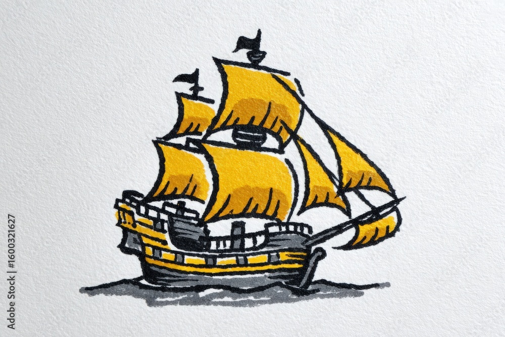 A classic sailing ship is depicted with vibrant yellow sails billowing gently in the wind. The artwork captures the ships detailed structure and unique design, showcasing its maritime elegance.
