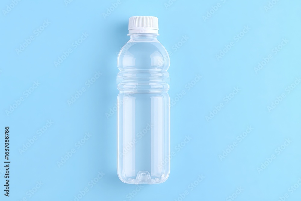 A clear plastic water bottle sits upright against a light blue background, emphasizing its transparency. This image highlights the materials recyclability and environmental impact.