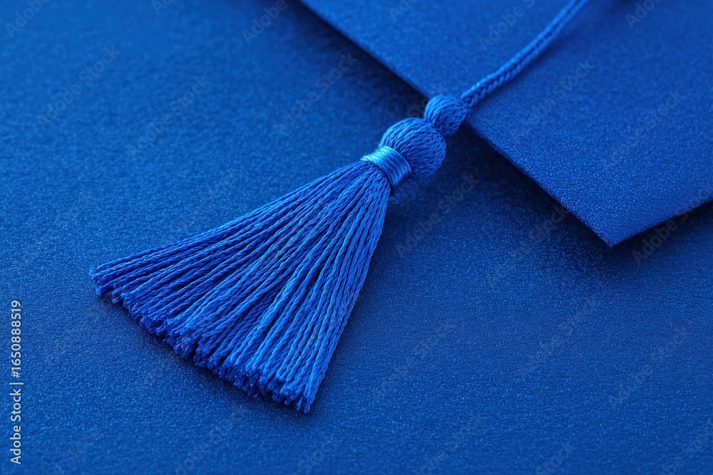 A close-up view of a blue graduation cap with a tassel resting on a textured surface. The tassel symbolizes accomplishment and transitions, capturing the spirit of celebration at the graduation event.