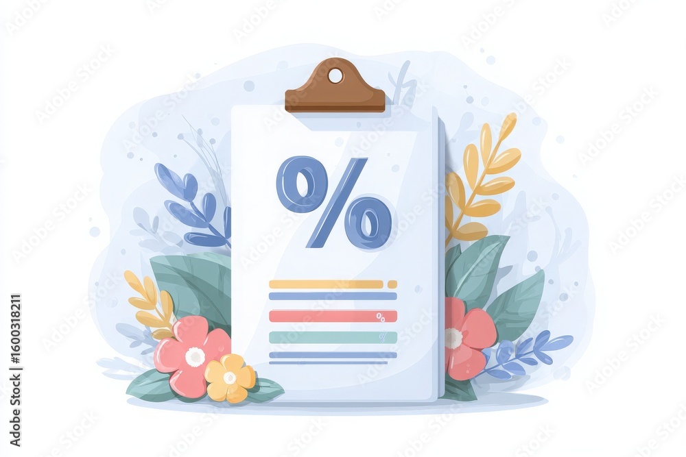 A colorful clipboard displays a prominent percentage sign alongside decorative elements like flowers and leaves.