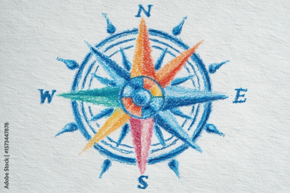 A colorful compass illustration features eight distinct points representing cardinal and intercardinal directions.
