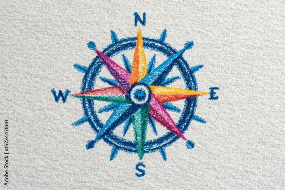 A colorful compass rose is illustrated on textured paper, showcasing multiple points in blue, orange, green, and red, highlighting the cardinal directions of north, south, east, and west.