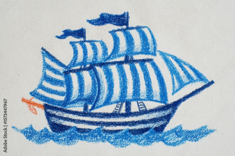 A colorful drawing depicts a sailboat with vibrant blue and white stripes. The boat features multiple sails fluttering in the wind, navigating through gentle waves under a bright sky.