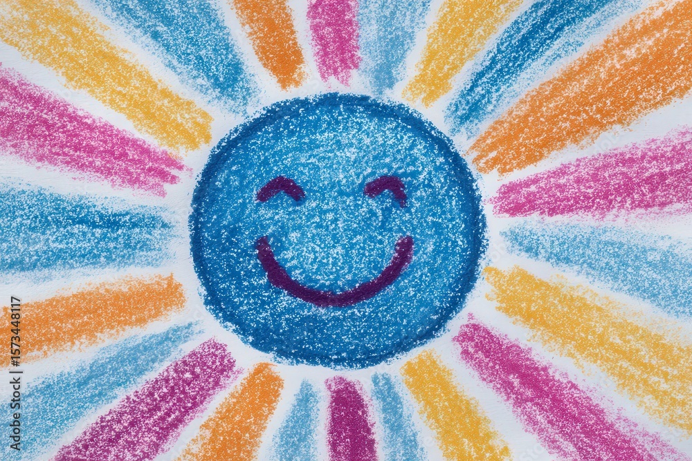 A colorful drawing features a blue smiling sun at the center with radiant rays in orange, pink, and yellow. The artwork embodies a joyful atmosphere and a sense of warmth.