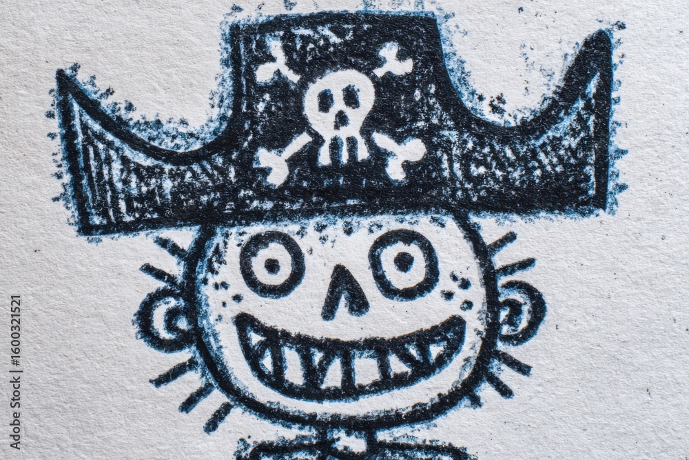 A colorful drawing of a cheerful pirate character wearing a large hat adorned with skull and crossbones.