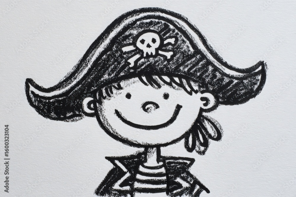 A colorful drawing showcases a smiling child who embodies a pirate character. Sporting a large hat adorned with a skull and crossbones, the character exudes adventure and fun.