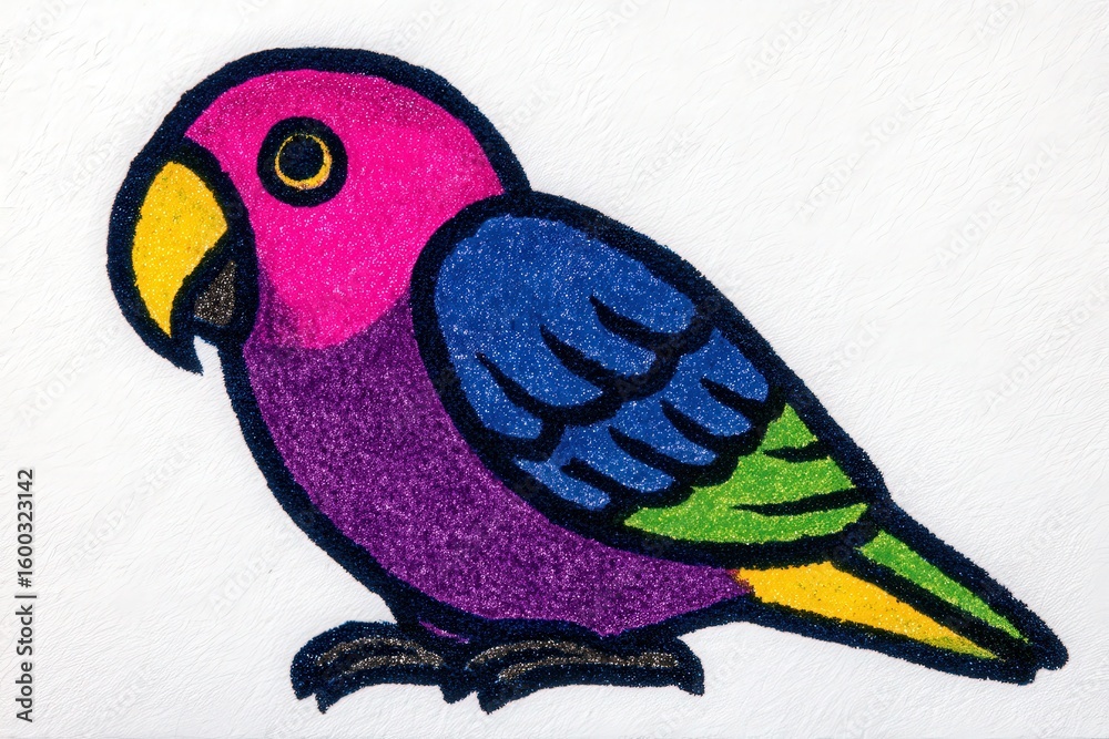 A colorful parrot illustration features bright shades including pink, purple, blue, and green. The bird has a playful expression and is outlined in black, set against a white background.