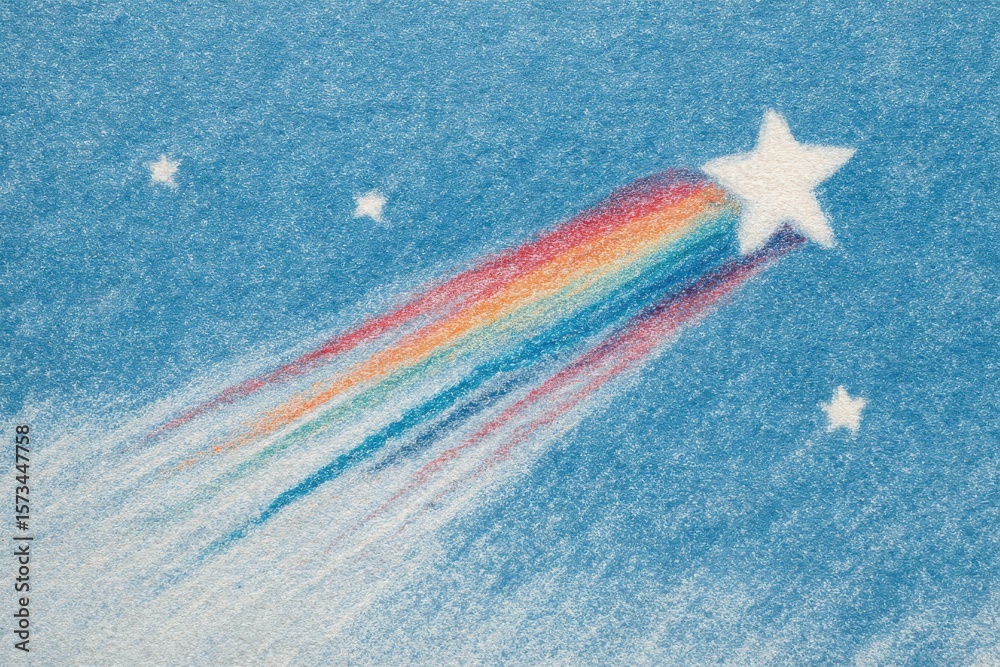 A colorful shooting star with a rainbow tail glides through a clear blue sky. Small stars surround it, creating a whimsical and enchanting atmosphere.