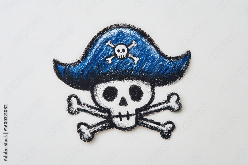 A colorful skull and crossbones design is showcased with a blue pirate hat adorned with a skull and crossed bones. The artwork exhibits a fun and adventurous theme suitable for various uses.