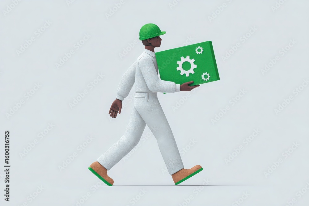 A construction worker dressed in a white outfit and green helmet walks steadily while holding a large green box with gear symbols.