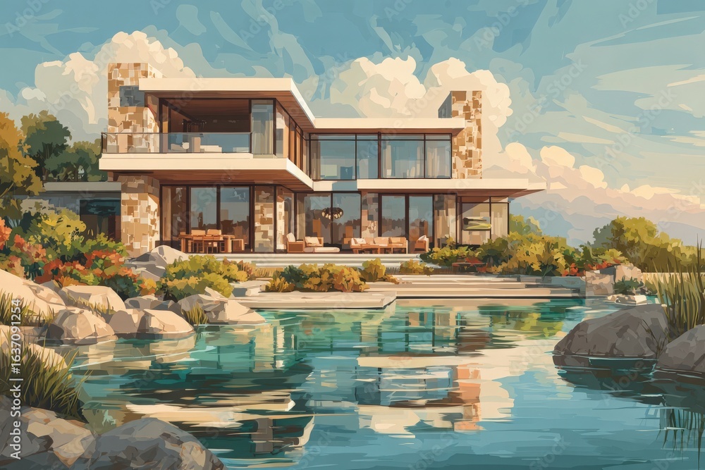 A contemporary house features large windows with a natural stone facade, situated near a tranquil body of water. Lush greenery surrounds the property, offering a peaceful retreat in the afternoon sun.