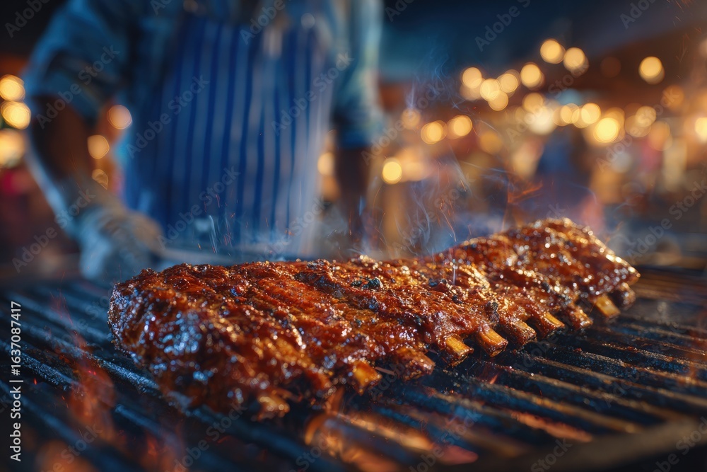 A cook prepares a large rack of ribs on a grill amidst vibrant lights at an outdoor food festival. The atmosphere is filled with delicious aromas and a lively crowd enjoying the event.