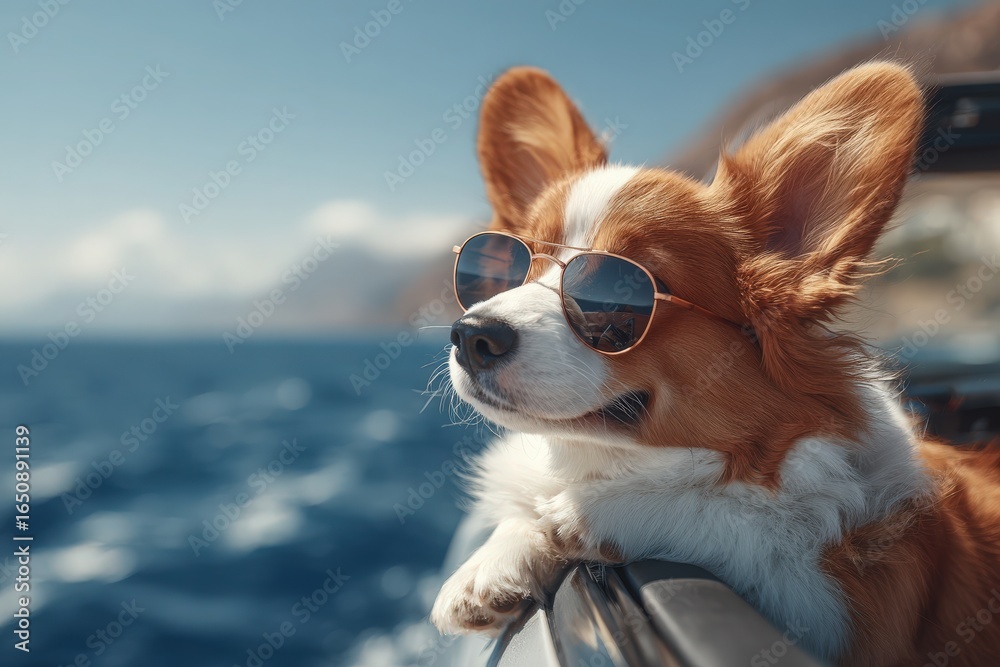A corgi leans against the side of a boat, wearing stylish sunglasses. The dog enjoys the warm sun and fresh sea breeze while gazing out at the sparkling water and distant mountains.